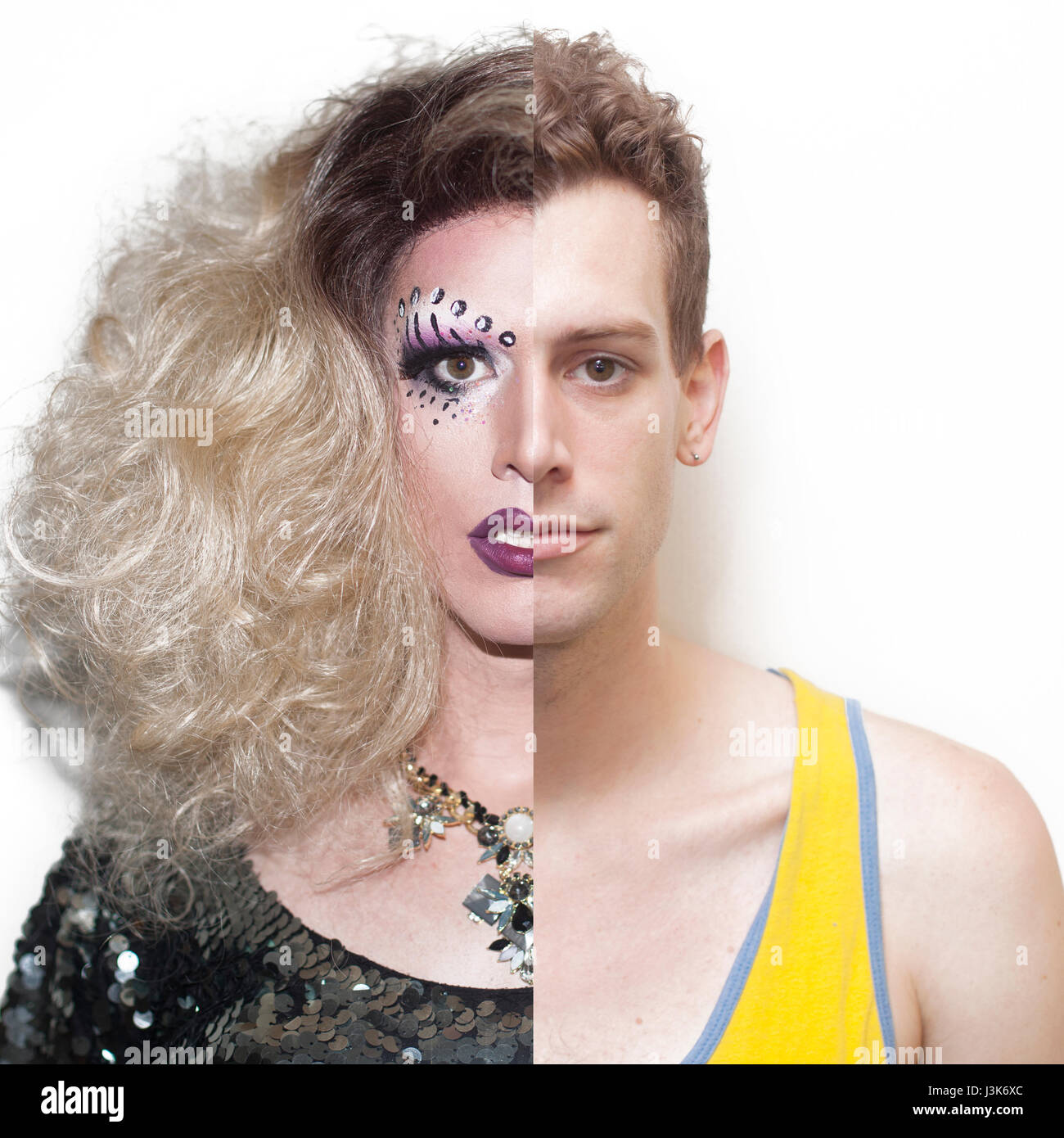 Drag-Queen vor und nach dem make-up Stockfoto
