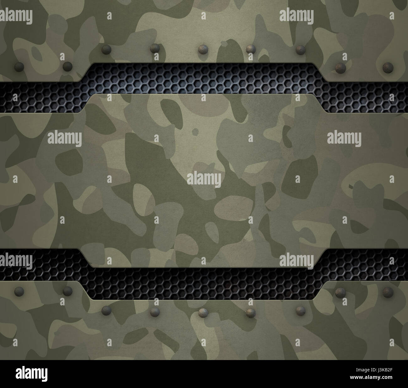 Militärische Metall Grunge Hintergrund mit Nieten und Tarnung 3d illustration Stockfoto
