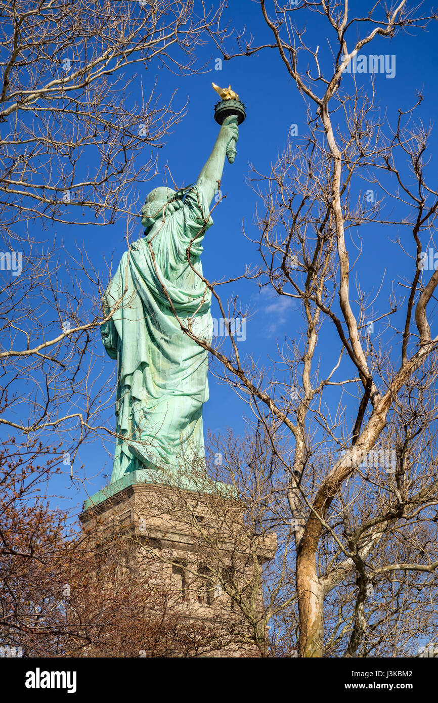 Die Statue of Liberty. Drei Viertel sehen von hinten durch Bäume. Liberty Island, New York City, USA Stockfoto