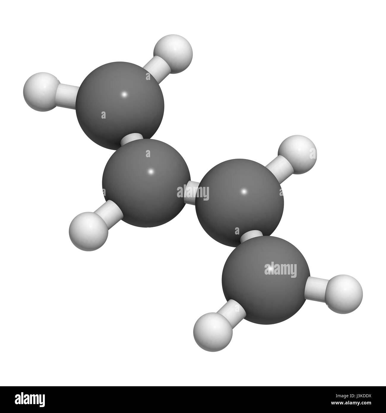 Butadien (1,3-Butadien), der Baustein von ABS Kunststoff und Polybutadien synthetischem Kautschuk. Atome sind als Kugeln mit herkömmlichen co vertreten. Stockfoto