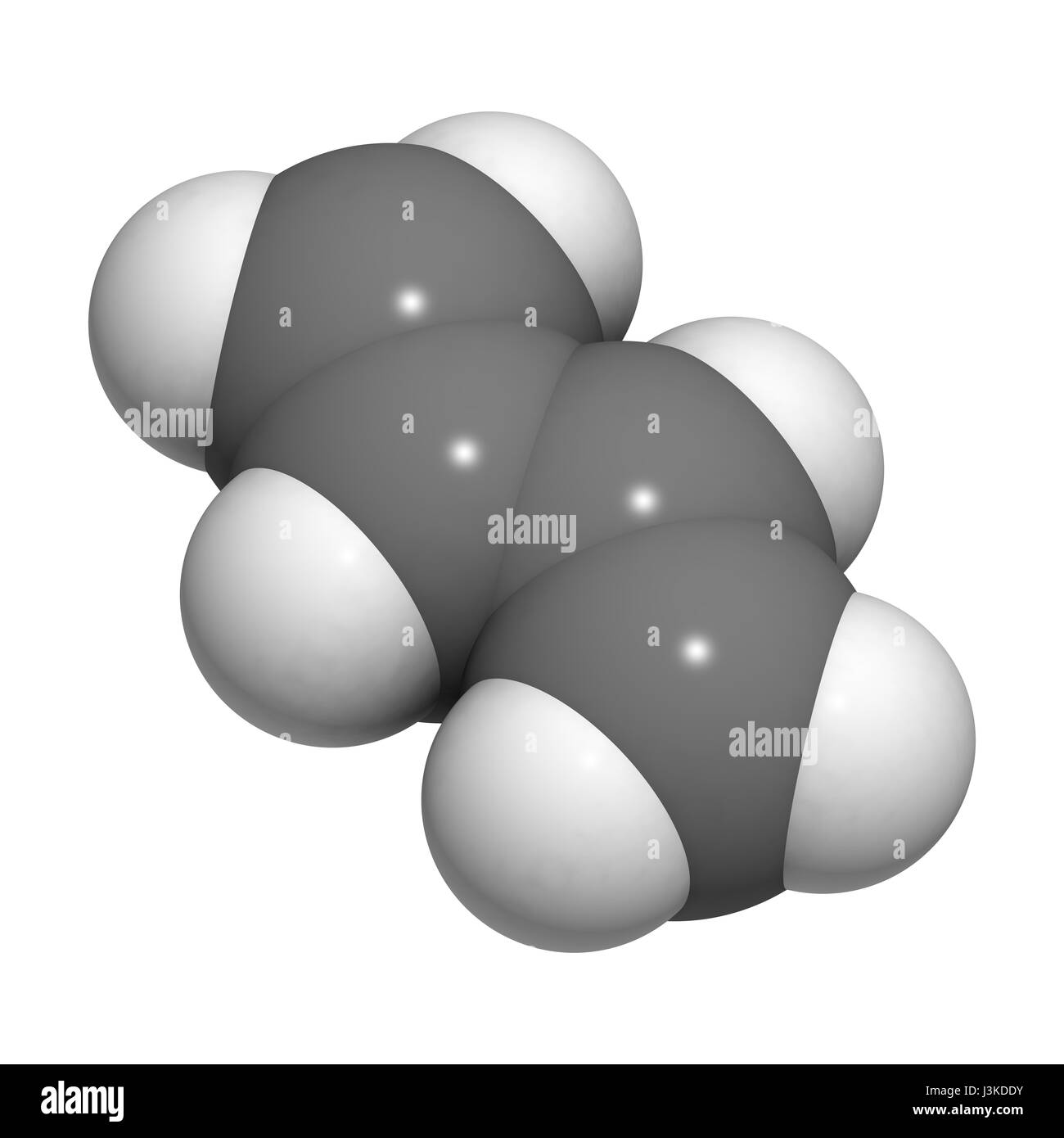 Butadien (1,3-Butadien), der Baustein von ABS Kunststoff und Polybutadien synthetischem Kautschuk. Atome sind als Kugeln mit herkömmlichen co vertreten. Stockfoto