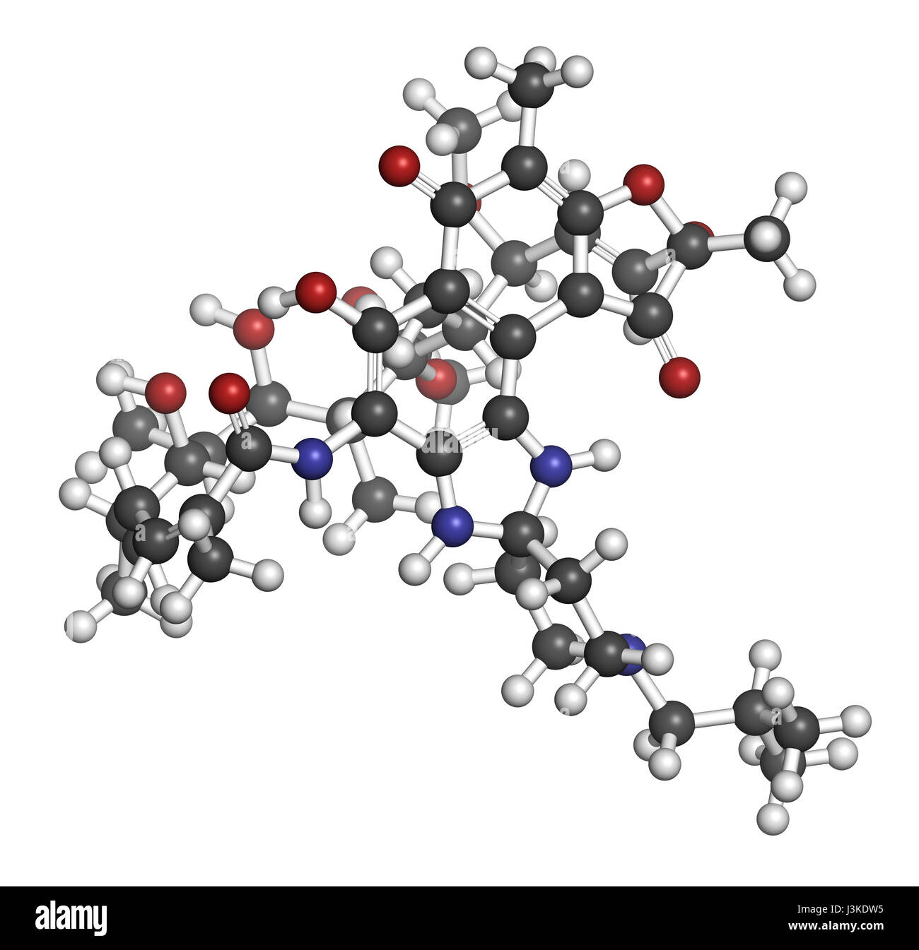 Rifabutin Tuberkulose Wirkstoffmolekül. Atome sind als Kugeln mit konventionellen Farbcodierung vertreten: Wasserstoff (weiß), Kohlenstoff (grau), Sauerstoff (rot), Stockfoto