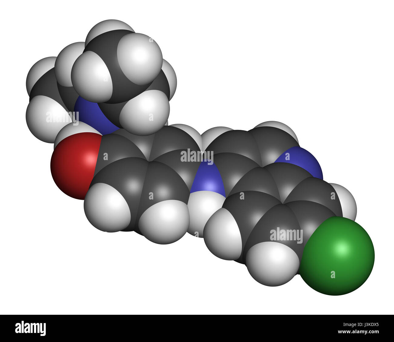 Amodiaquine Anti-Malaria-Medikamentenmolekül. Atome sind als Kugeln mit konventionellen Farbcodierung vertreten: Wasserstoff (weiß), Kohlenstoff (grau), Sauerstoff (rot Stockfoto