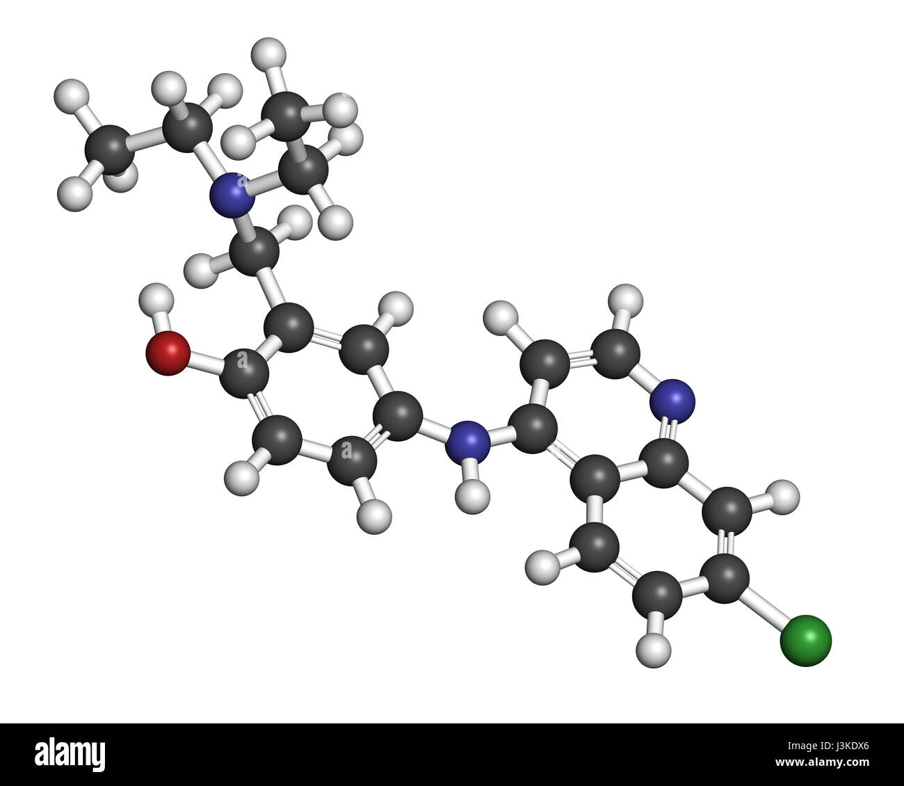 Amodiaquine Anti-Malaria-Medikamentenmolekül. Atome sind als Kugeln mit konventionellen Farbcodierung vertreten: Wasserstoff (weiß), Kohlenstoff (grau), Sauerstoff (rot Stockfoto