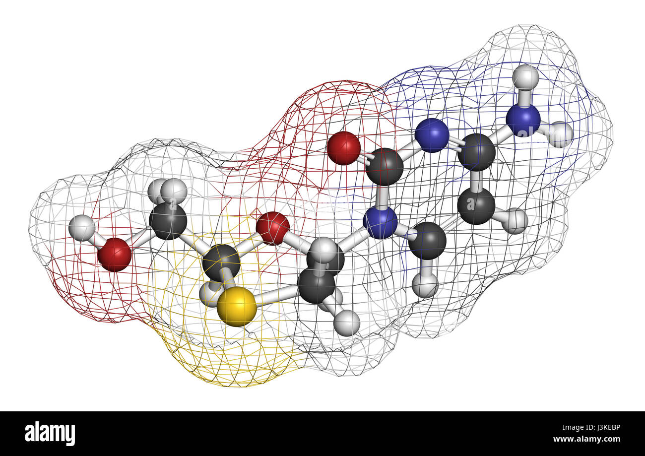 Lamivudin (3TC) antivirale Medikamentenmolekül. Verwendet in der Behandlung von HIV und Hepatitis B-Virus. Atome sind als Kugeln mit herkömmlichen Farbe Kabeljau vertreten. Stockfoto