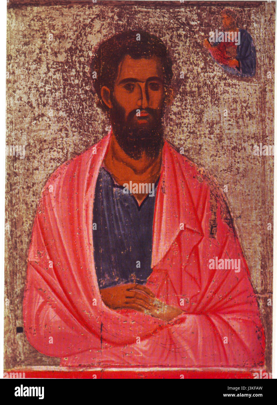 Die Ikone des Heiligen Jakob ist ein religiöses Artefakt, das den Heiligen Jakob darstellt, eine bedeutende Figur des Christentums. Sie wird oft mit Pilgerfahrten und historischen religiösen Praktiken in Verbindung gebracht. Stockfoto