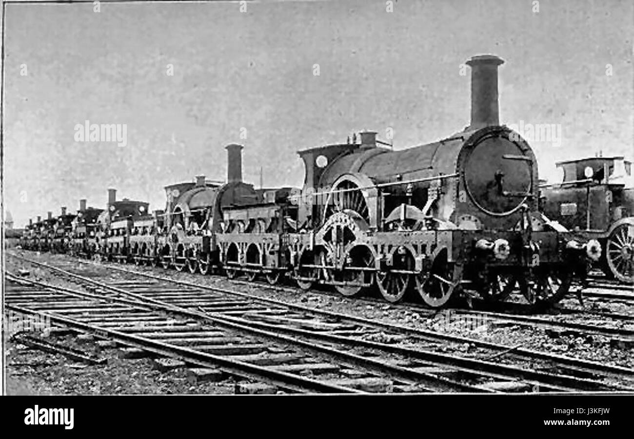 Die Großspurlokomotiven der Great Western Railway (GWR) waren ein wichtiger Teil der britischen Eisenbahngeschichte des 19. Jahrhunderts, bekannt für ihre breiten Gleise und technischen Innovationen während der industriellen Revolution. Stockfoto