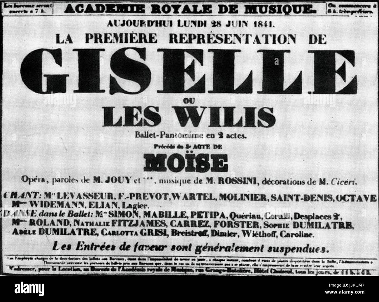Dieses Poster stellt das berühmte Ballett Giselle dar, das 1841 erstmals aufgeführt wurde und eine anmutige Tanzaufführung zeigt. Das Bild zeigt die wichtigsten Elemente der Produktion Themen Liebe, Verrat und Erlösung. Stockfoto