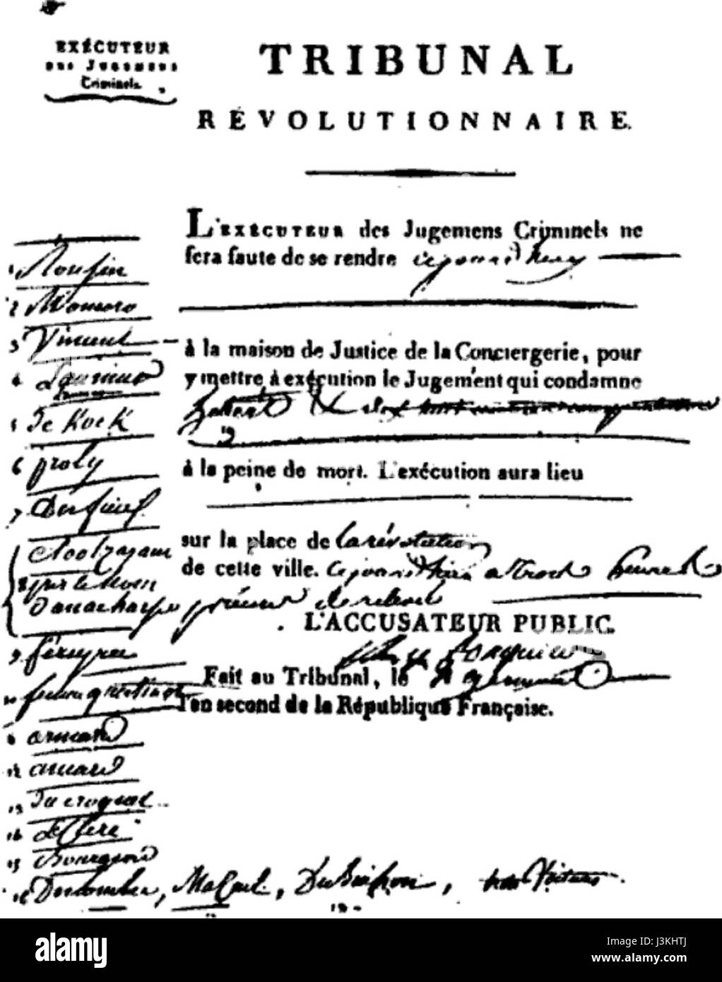 Der Hebertists Order Execution bezieht sich auf die Festnahme und Hinrichtung von Mitgliedern der Hebertisten-Fraktion während der Französischen Revolution. Es war ein bedeutendes Ereignis in der Herrschaft des Terrors, das den Untergang der radikalen Gruppe markierte. Stockfoto