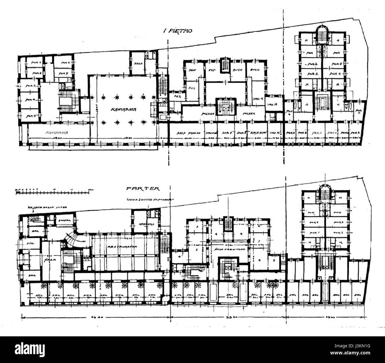 Ein Designprojekt für das Hotel Krakowski in Lemberg, das architektonische Pläne und Details für seine Entwicklung präsentiert. Das Projekt konzentriert sich auf die Wiederherstellung der historischen Bedeutung der hotelÂ und die Integration moderner Annehmlichkeiten. Stockfoto