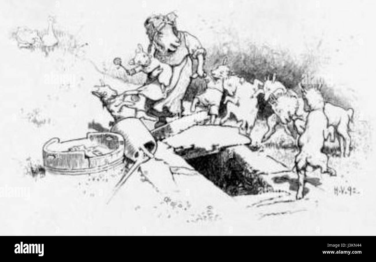 Eine klassische Illustration von Hermann Vogel aus dem deutschen Märchen *der Wolf und die sieben jungen Kinder*, die den gerissenen Wolf und die sieben jungen Ziegen darstellt. Vogels Kunstwerk fängt die Spannung und Gefahr der Märchenerzählung ein. Stockfoto