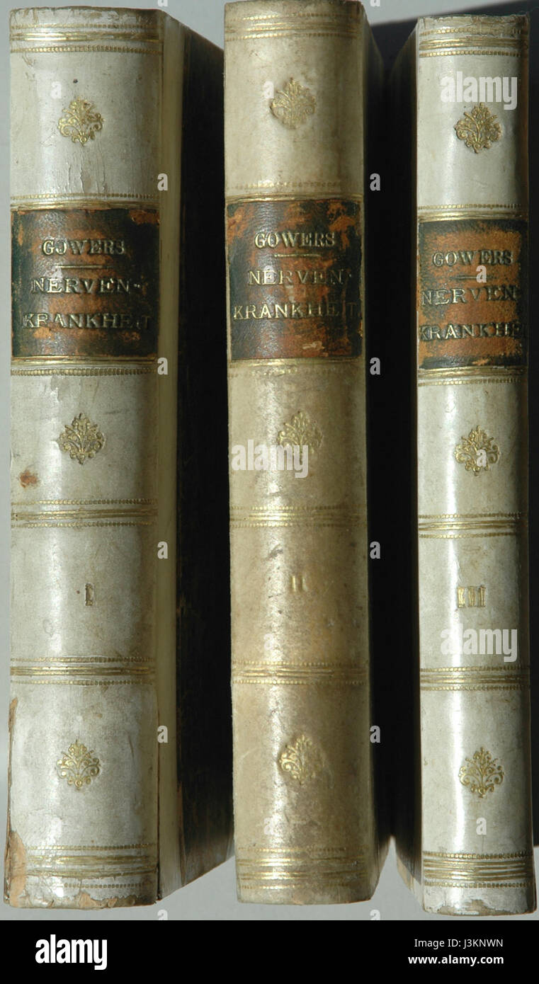 Die 1892 erschienene Arbeit „Nervenkrankheiten“ von William Gowers ist ein bedeutender Beitrag zur Erforschung neurologischer Störungen. Es beschreibt verschiedene Bedingungen, die das Nervensystem beeinflussen, und hilft, die Grundlage für die moderne Neurologie zu legen. Stockfoto