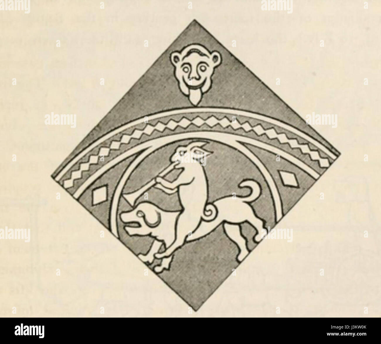 Dieses Bild oder diese Referenz zeigt einen Hund, der auf einem Hasen reitet, was wahrscheinlich eine skurrile oder fantasievolle Szene symbolisiert, die oft in künstlerischen Darstellungen oder Folklore zu sehen ist. Stockfoto