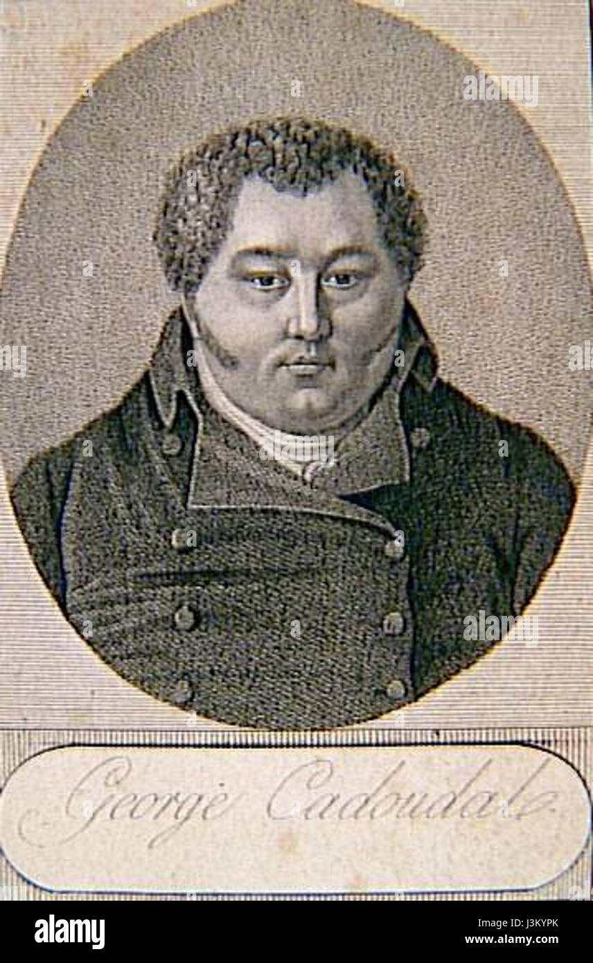 Georges Cadoudal war ein französischer Royalist und General während der Französischen Revolution, bekannt für seine Rolle bei der Führung der Chouans in Westfrankreich. Dieser Gravur fängt seine Bedeutung während der revolutionären Periode und seine militärische Führung ein. Stockfoto