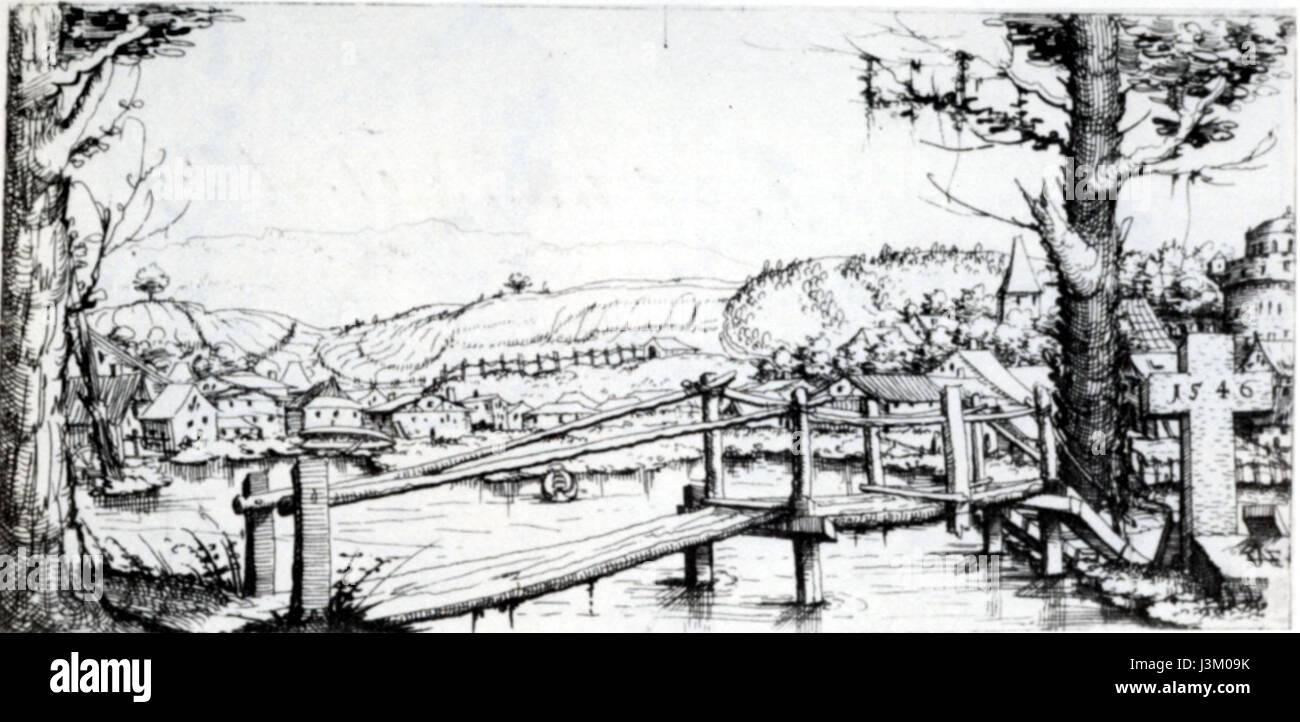 Die Hirschvogel-Landschaft ist ein detailgetreuer Gravur, der eine Naturszene darstellt, die vom deutschen Künstler Hans Hirschvogel geschaffen wurde. Das Werk ist bekannt für seine komplizierten Details und die Darstellung von Landschaften aus der Renaissance. Stockfoto