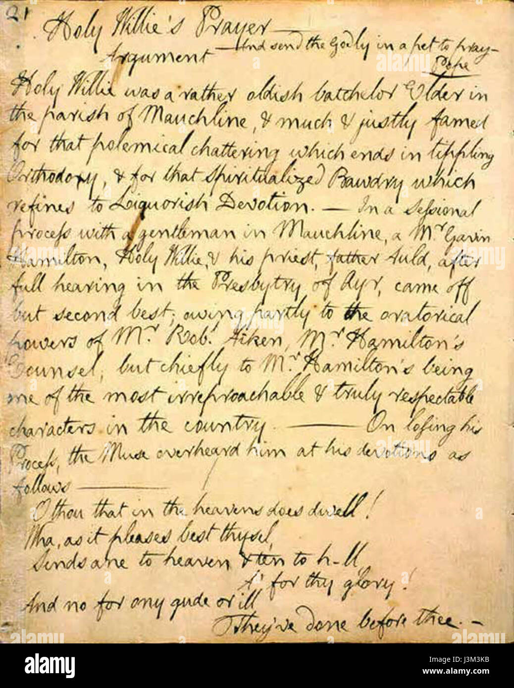 Holy Willie's Prayer ist ein satirisches Gedicht von Robert Burns, das religiöse Heuchelei kritisiert. Es stellt eine Figur namens Holy Willie dar, deren Gebete und Handlungen ironisch dargestellt werden, um die Widersprüche in seiner Frömmigkeit und seinem moralischen Ansehen hervorzuheben. Stockfoto