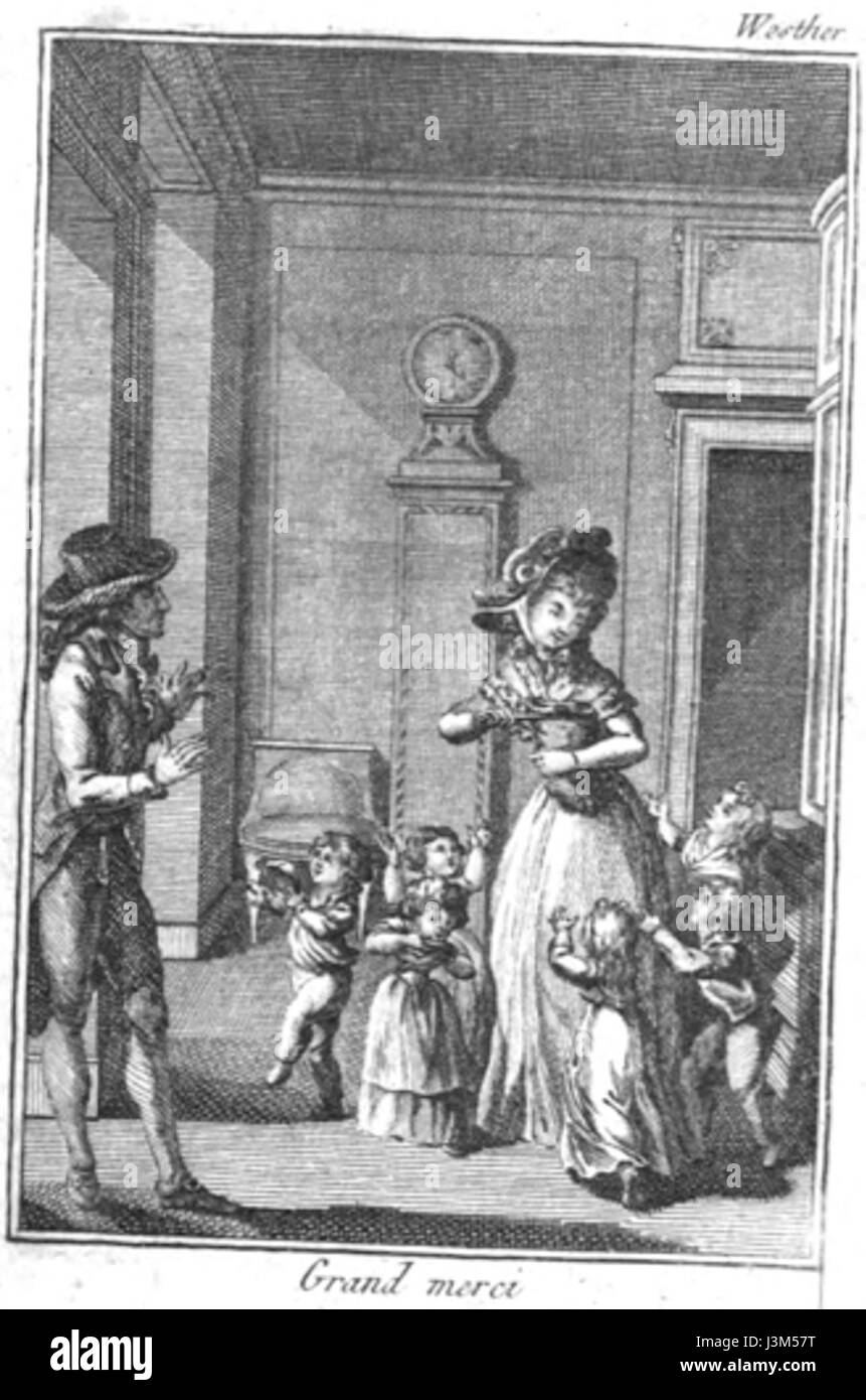 Goetheâ *The Sorrows of Young Werther* (1795) ist ein deutscher Klassiker, der die intensiven emotionalen Kämpfe eines verliebten jungen Mannes schildert. Die Illustration fängt wahrscheinlich den inneren Aufruhr und die romantische Sehnsucht des Protagonisten ein, zentrale Themen des Romans. Stockfoto