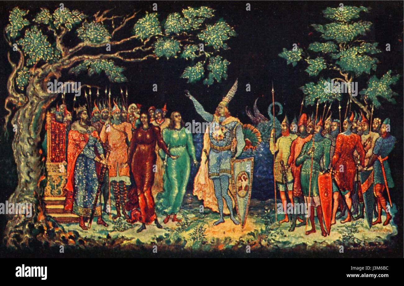 Golikov Sobinows Darstellung von Lohengrin, einer Figur aus Wagners Oper, fängt den Adel und das Geheimnis des legendären Ritters ein und reflektiert Themen wie Liebe, Pflicht und Unbekanntes. Stockfoto