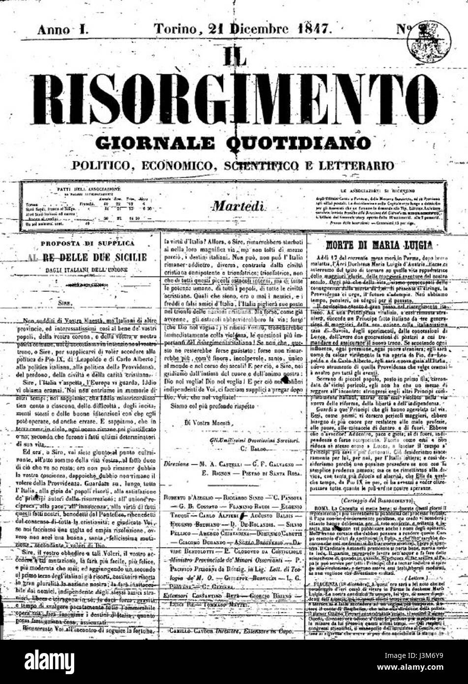 Il Risorgimento 21 Dicembre 1847 Stockfoto
