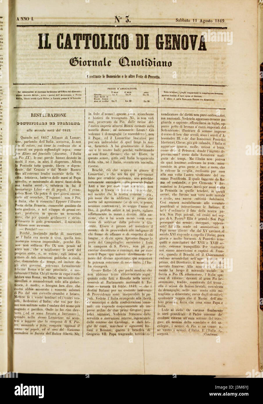 Il Cattolico di Genova Dell 11 August 1849 Stockfoto