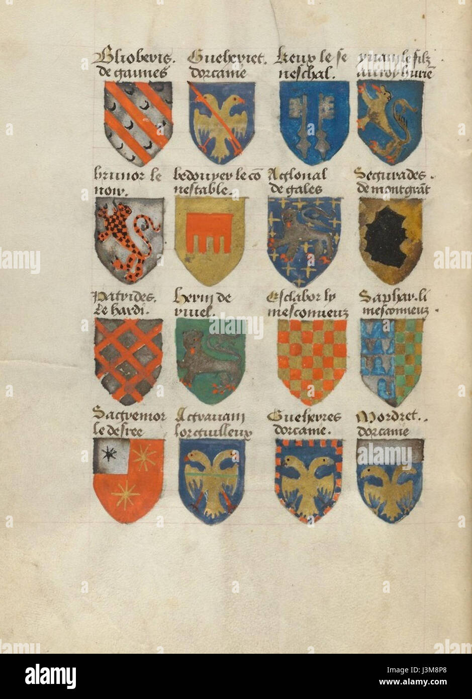 Die Houghton MS Typ 131 ist ein Manuskript aus dem späten 15. Jahrhundert, das verschiedene Wappen enthält, die wahrscheinlich mit dem europäischen Adel oder heraldischen Traditionen in Verbindung stehen. Es repräsentiert mittelalterliche Manuskriptkunst und Heraldik. Stockfoto Die Houghton MS Typ 131 ist ein Manuskript aus dem späten 15. Jahrhundert, das verschiedene Wappen enthält, die wahrscheinlich mit dem europäischen Adel oder heraldischen Traditionen in Verbindung stehen. Es repräsentiert mittelalterliche Manuskriptkunst und Heraldik. Stockfoto