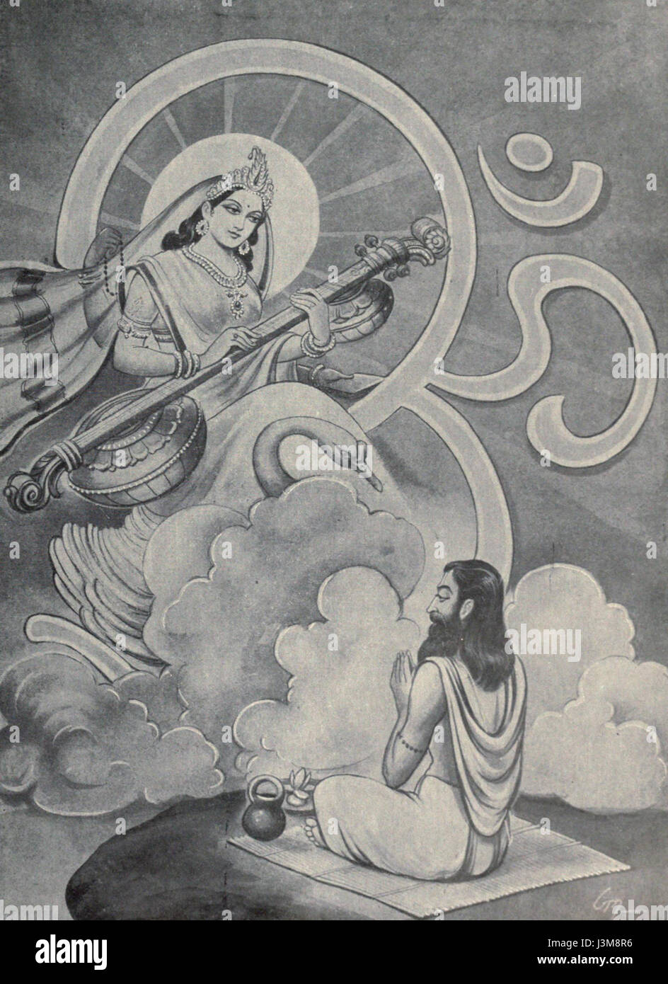 In der hinduistischen Mythologie soll die Göttin Sarasvati, die Gottheit des Wissens, der Musik und der Kunst, vor dem Weisen Yajnavalkya erschienen sein, um ihm göttliche Weisheit zu bieten. Dieses Ereignis ist ein Symbol für die Bedeutung von Lernen und spirituellem Wachstum in der hinduistischen Tradition. Stockfoto