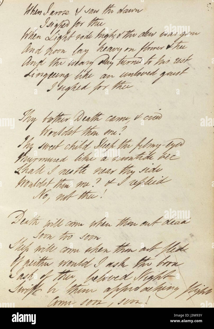 „To Night 2“ von Percy Bysshe Shelley, das im Houghton MS eng 258,2 Manuskript gefunden wurde, ist ein Werk romantischer Poesie. Dieses Manuskript zeigt Shelleys Reflexionen über die Themen Dunkelheit, Natur und Zeitablauf. Shelleys poetischer Stil, geprägt von lebendigen Bildern und emotionaler Tiefe, fängt das Wesen der Romantik des 19. Jahrhunderts ein. Stockfoto