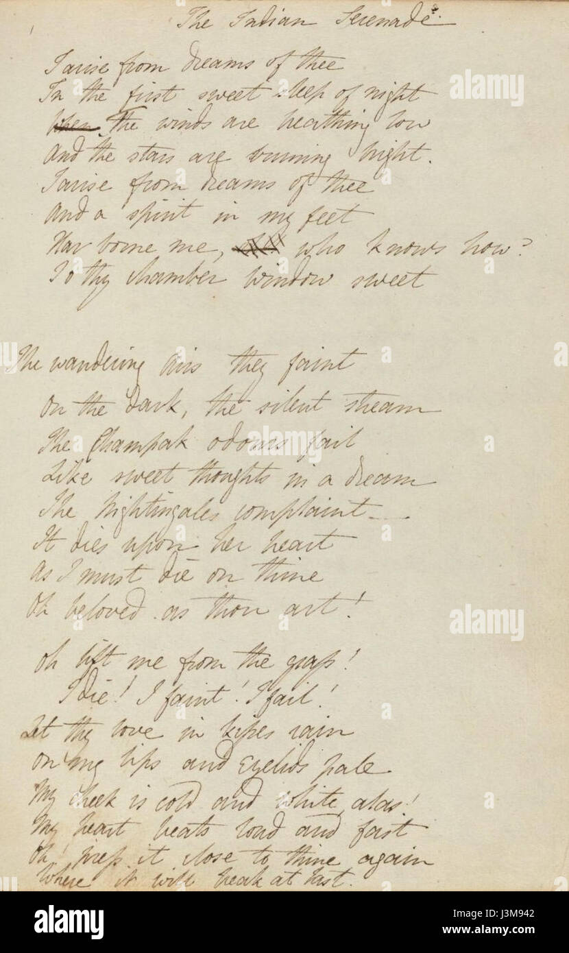 The Indian Serenade ist ein Gedicht von Percy Bysshe Shelley, das im Houghton Manuskript (MS eng 258.2) gefunden wurde. Das Gedicht reflektiert Themen wie Liebe, Sehnsucht und Natur, typisch für Shelleys romantischen Stil. Stockfoto
