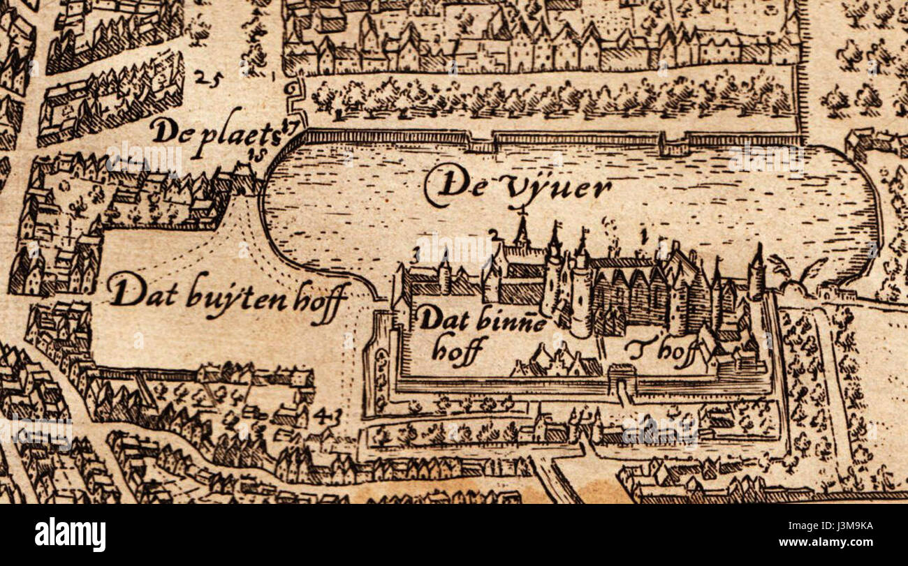 Diese historische Darstellung von Guicciardini zeigt den Binnenhof, einen Gebäudekomplex in den Haag, Niederlande, der historisch als Sitz der niederländischen Regierung und des parlaments genutzt wurde. Stockfoto