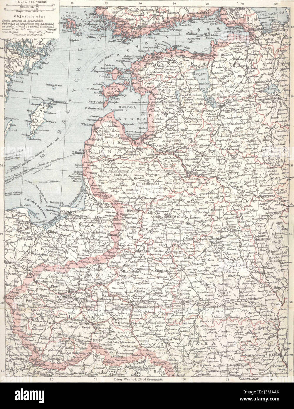 Eine Karte oder Aufzeichnung, die die Verwaltungsstruktur der Westprovinz des Königreichs Polen im Jahr 1902 darstellt. Das Dokument gibt Einblicke in das geografische und politische Layout während der späten Kaiserzeit Russlands und zeigt wichtige Orte und Grenzen der Zeit auf. Stockfoto