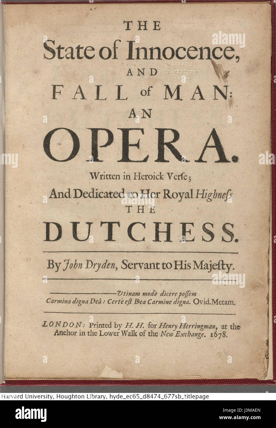 Der Houghton EC65 D8474 677sb ist eine Titelseite des Titels State of Innocence von John Dryden. Das Werk ist ein poetisches Drama, das auf der biblischen Geschichte vom Fall des Menschen basiert und Themen wie Sünde, Unschuld und göttliche Gerechtigkeit erforscht. Stockfoto