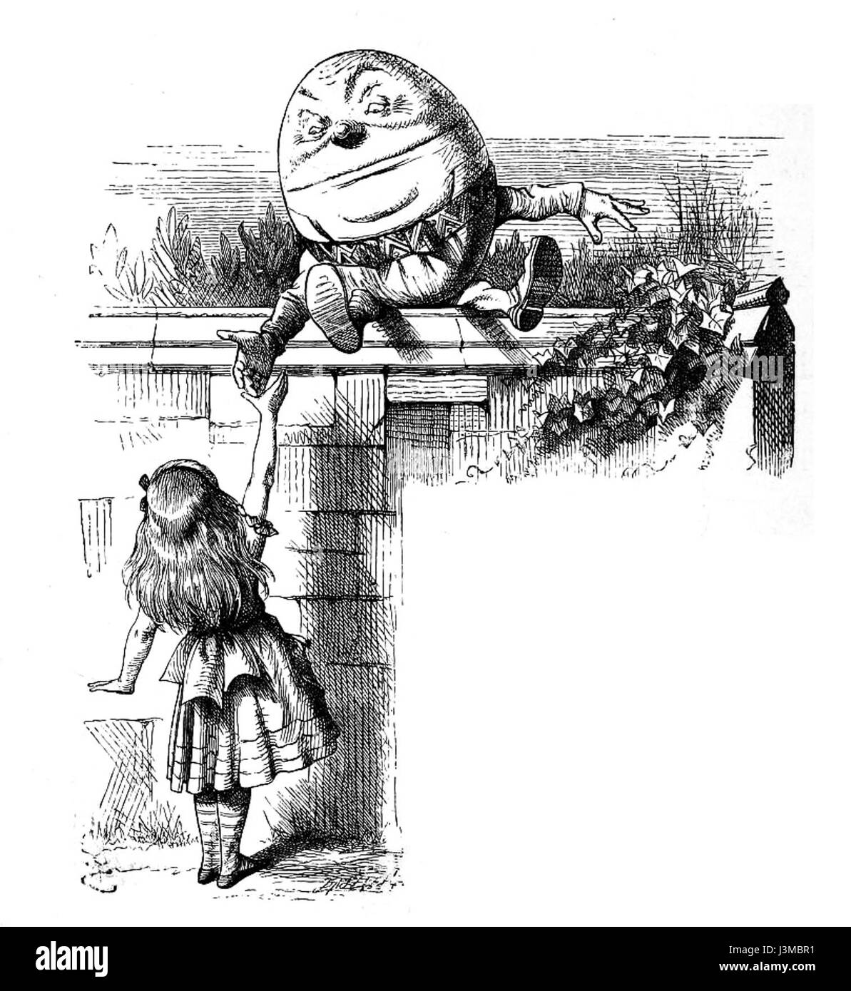 „Humpty Dumpty“ bezieht sich auf den berühmten Kinderreim, der von Sir John Tenniel im 19. Jahrhundert illustriert wurde. Tenniels Illustration zeigt das bekannte Bild von Humpty Dumpty als anthropomorphes Ei, eine beliebte Figur in der Kinderliteratur. Stockfoto