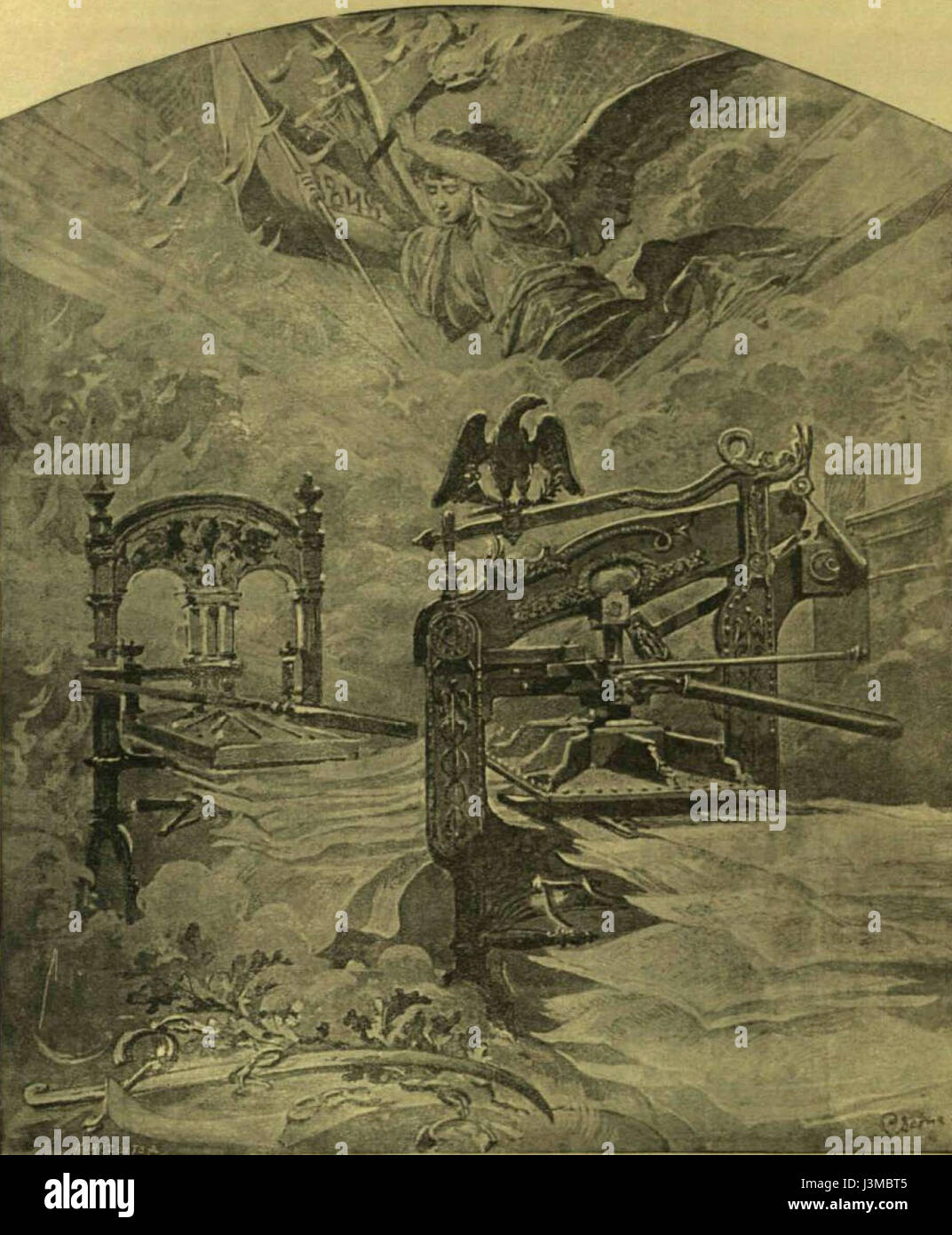 Die ungarische Revolution am 15. März 1848 markierte einen entscheidenden Moment in der Geschichte des Landes, insbesondere mit der Erklärung der Pressefreiheit. Diese Reform war Teil umfassenderer demokratischer und nationaler Bewegungen in ganz Europa im 19. Jahrhundert, die darauf abzielten, die monarchische und imperiale Kontrolle über die Medien und den öffentlichen Diskurs herauszufordern. Stockfoto