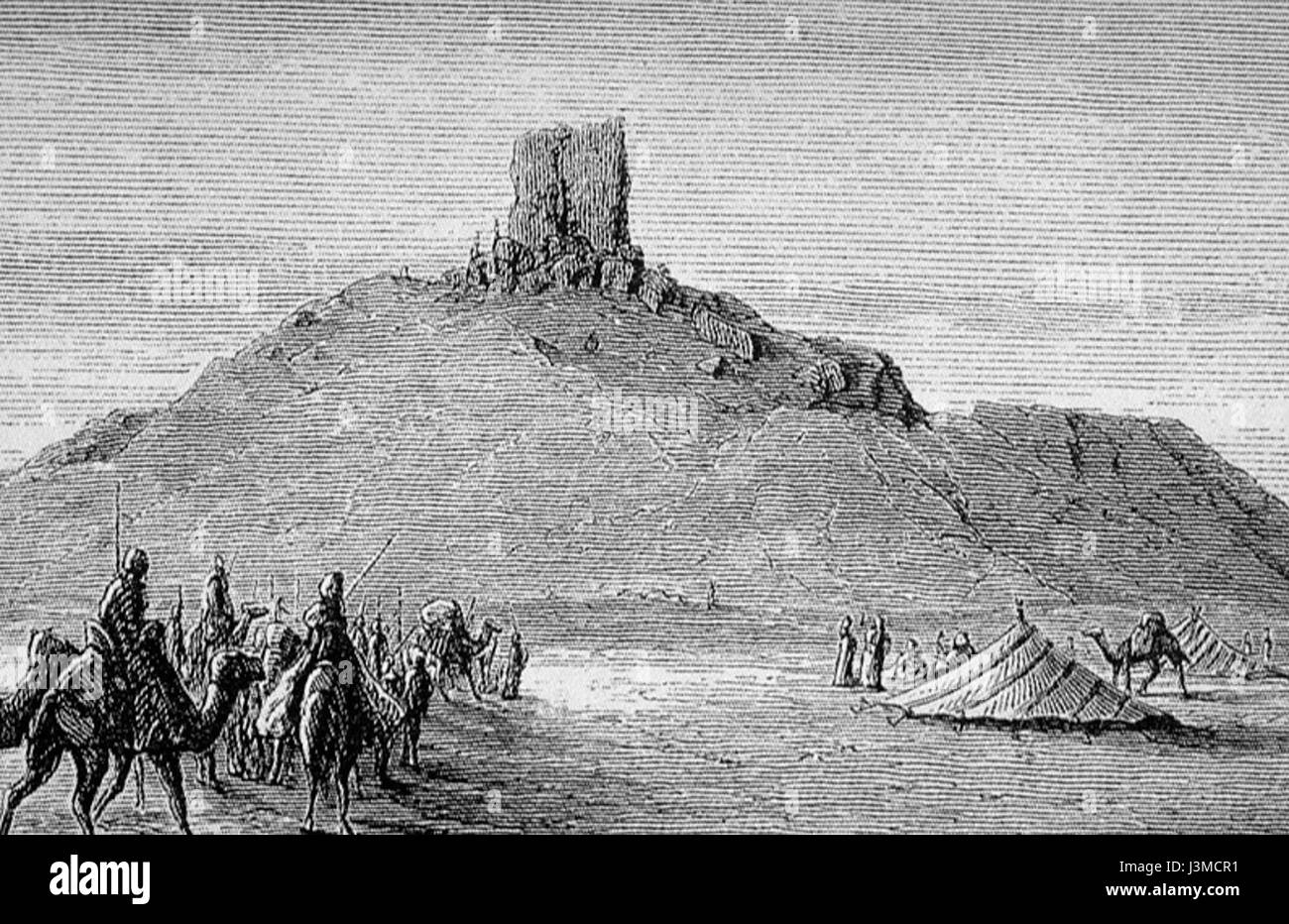 Dieser Titel bezieht sich auf einen Druck oder Gravur, der die Ruinen von Birs Nimrud, einer antiken archäologischen Stätte im Irak, darstellt. Die Stätte zeigt die Überreste eines Ziggurats und war einst Teil des babylonischen Reiches. Stockfoto