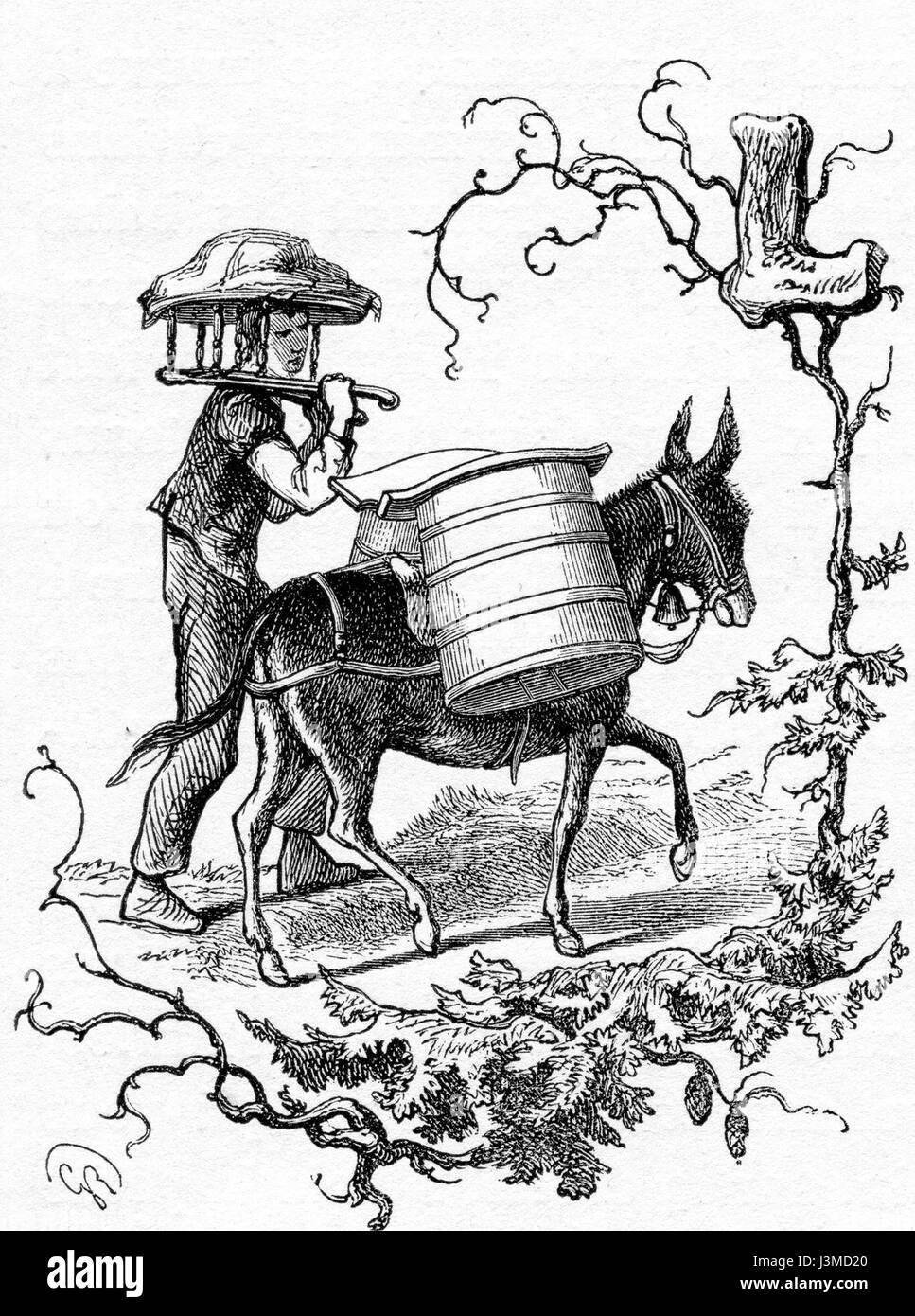 Dies ist ein Kunstwerk von Gustave Roux, das als Vignette mit dem Titel „L“ identifiziert wurde. Das Stück spiegelt Roux's detaillierte Gravurtechniken und seinen unverwechselbaren Stil wider und schafft komplizierte Illustrationen. Stockfoto