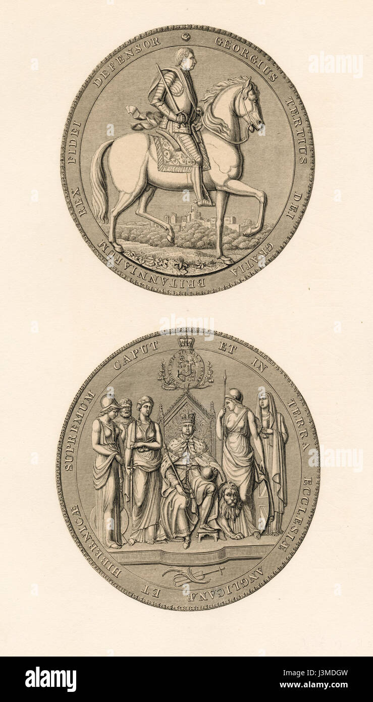 Diese lateinische Inschrift bezieht sich auf König Georg III. Von Großbritannien und hebt seinen Titel als Verteidiger des Glaubens und Oberhaupt der Kirche von England und Irland hervor. Sie spiegelt die religiöse und politische Autorität des Monarchen im 18. Jahrhundert wider. Stockfoto