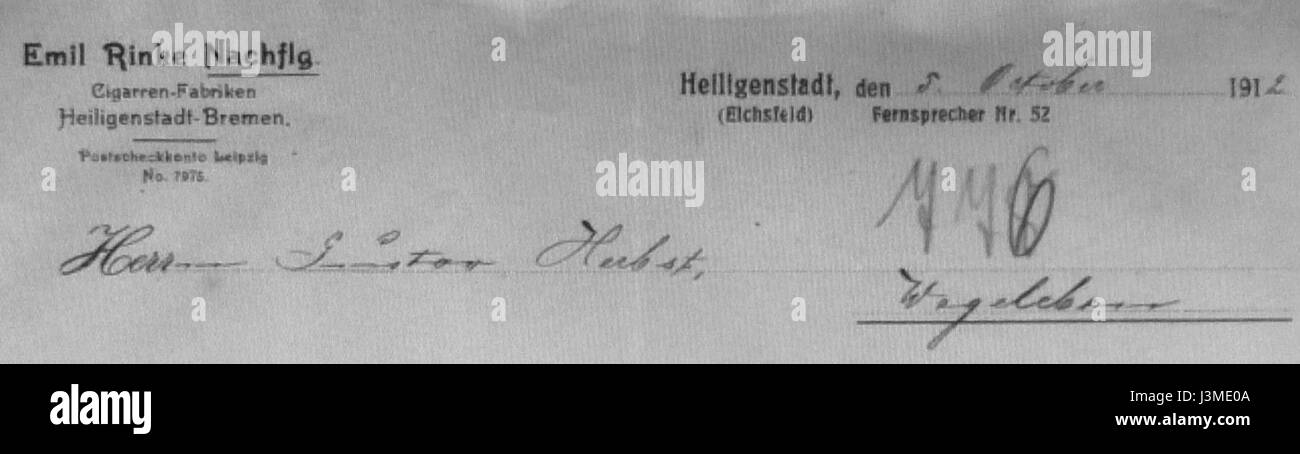 Eine Beschreibung oder ein Katalogeintrag in Bezug auf „Hig Rinke Zigarren“, möglicherweise eine Marke oder ein Produkt im Zusammenhang mit Zigarren, mit historischer oder kultureller Bedeutung. Stockfoto