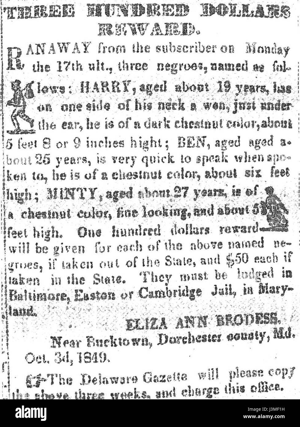 Diese Belohnung aus dem Jahr 1849 bietet ein Kopfgeld für die Gefangennahme von Harriet Tubman, einer der berühmtesten Dirigenten der Underground Railroad. Tubman führte versklavte Menschen in die Freiheit und wurde zu einer ikonischen Figur in der amerikanischen Geschichte. Stockfoto