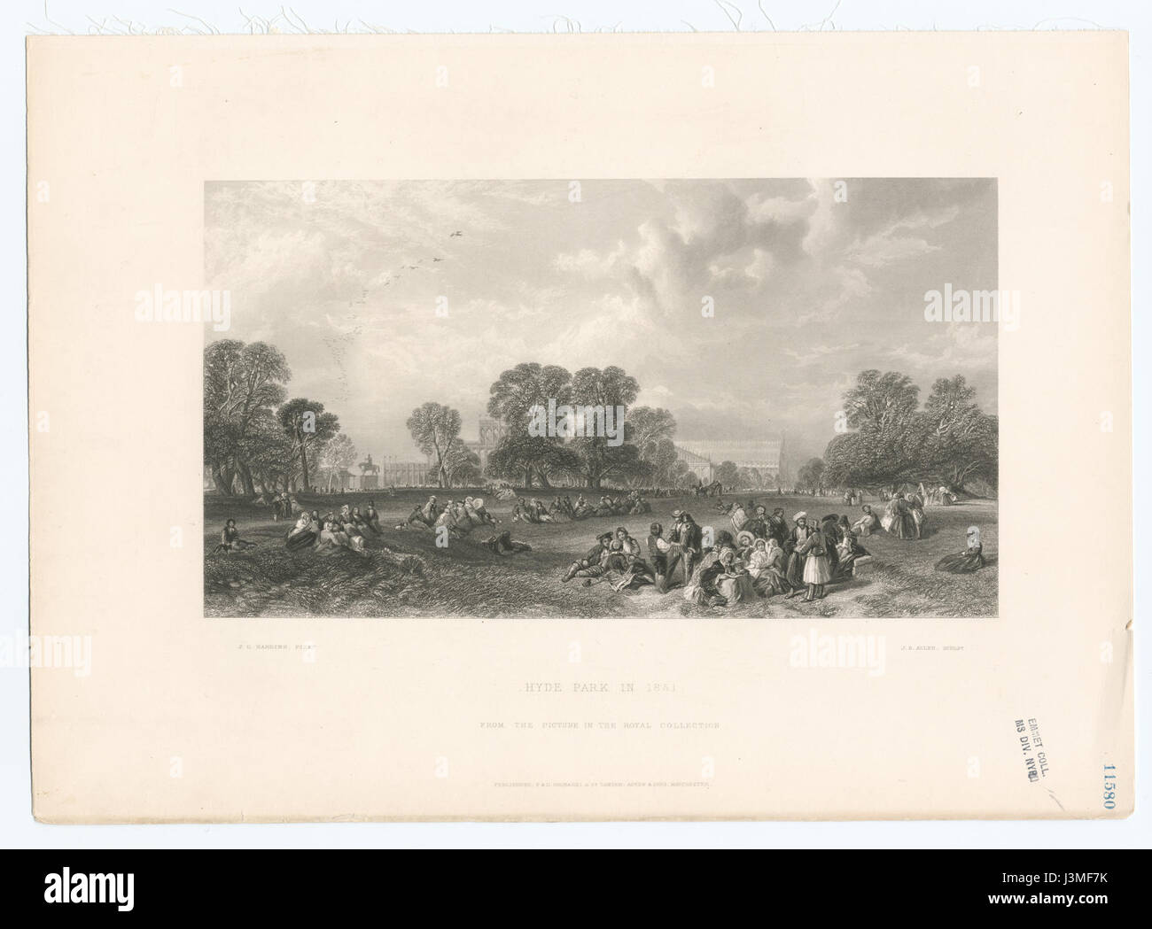 Das Bild des Hyde Park von 1851 zeigt eine historische Szene des Parks in London während der viktorianischen Ära. Es spiegelt die öffentlichen Räume und Ereignisse der Zeit wider. Stockfoto