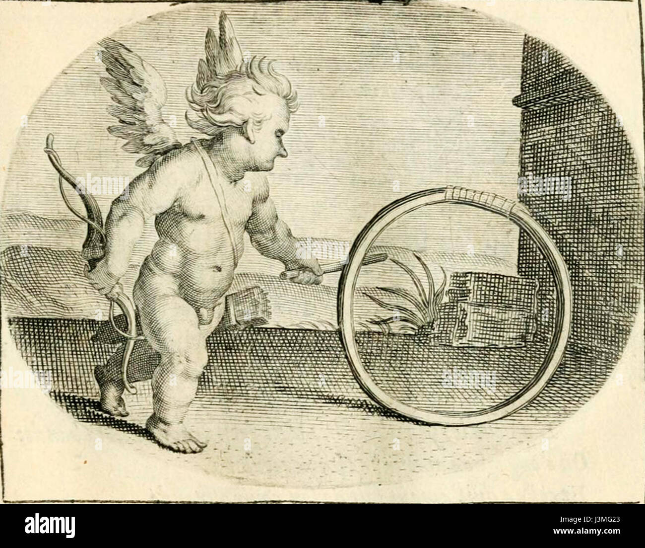 Ein historisches Kunstwerk mit dem Titel *Cupido*, geschaffen von Daniel Heinsius. Das Werk stellt wahrscheinlich ein klassisches mythologisches Thema dar, das den römischen Gott der Liebe, Cupid, in einer künstlerischen Interpretation des Künstlers darstellt. Stockfoto