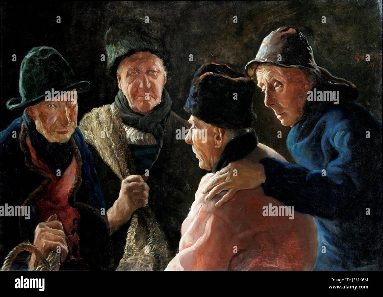 Dieses Kunstwerk, „Alte Fischer“ von Hering, zeigt traditionelle niederländische Fischer in der Stadt Volendam. Das Gemälde zeigt die alternden Figuren von Männern, die ihr Leben damit verbracht haben, in den Gewässern der Nordsee zu arbeiten, und bietet einen Einblick in ihren Alltag und die Kultur der Fischerei communityâ. Stockfoto