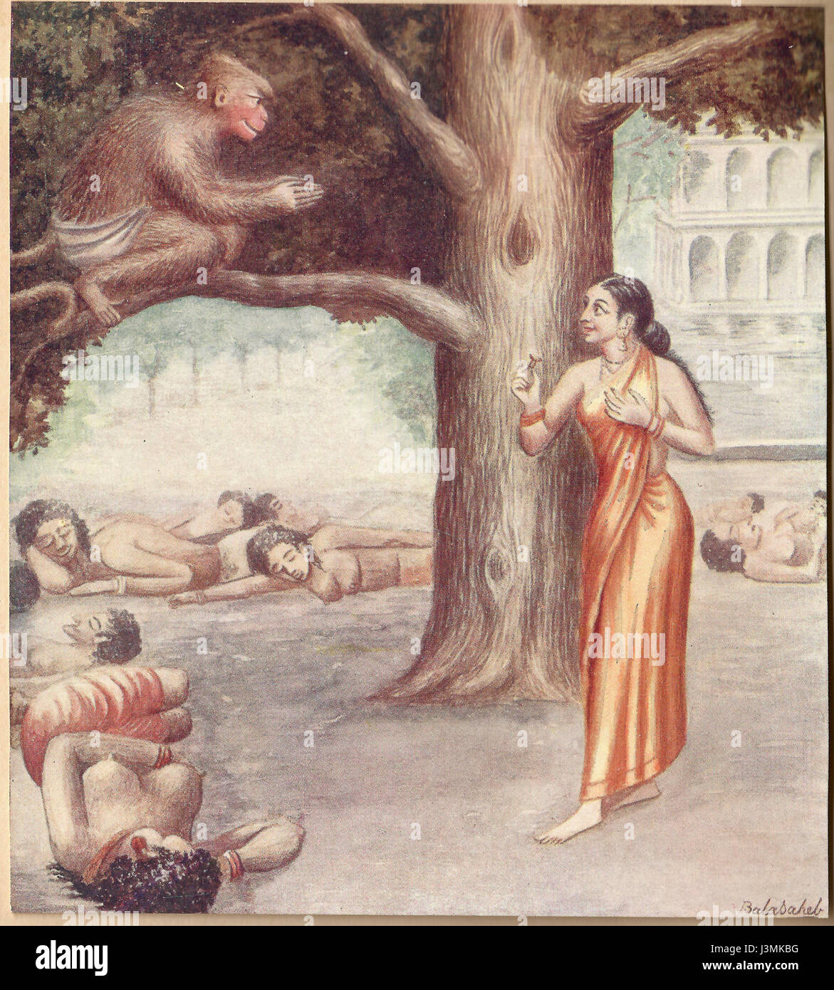 In der hinduistischen Mythologie trifft Hanuman während des Ramayana auf Sita im Ashokavana. Dieses Treffen markiert einen entscheidenden Moment, in dem Hanuman Sita versichert, dass Lord Rama sie aus Ravanaâ Gefangenschaft retten will. Stockfoto