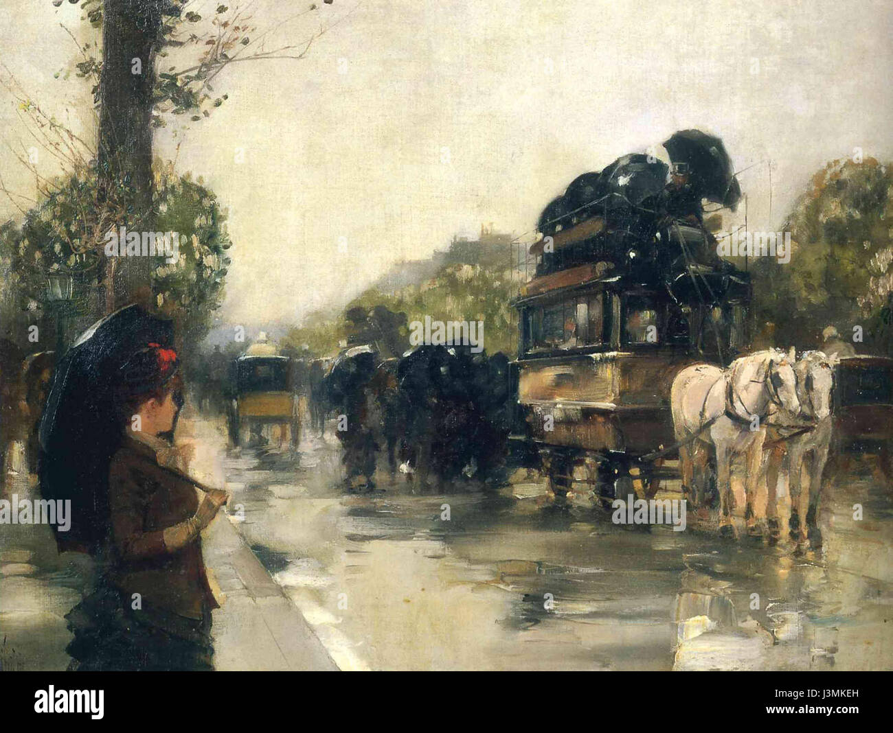 „April Showers“ von Childe Hassam fängt eine Szene von Regen und Licht ein, die typisch für impressionistische Kunst ist. Das Gemälde veranschaulicht styleâ die Verwendung von Farbe und Licht, um Atmosphäre und Stimmung im Frühling zu vermitteln. Stockfoto