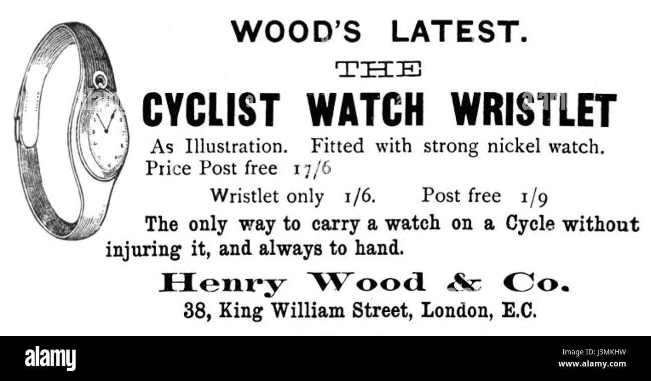Henry Wood Radfahrer Uhr Armband 1893 advert Stockfoto