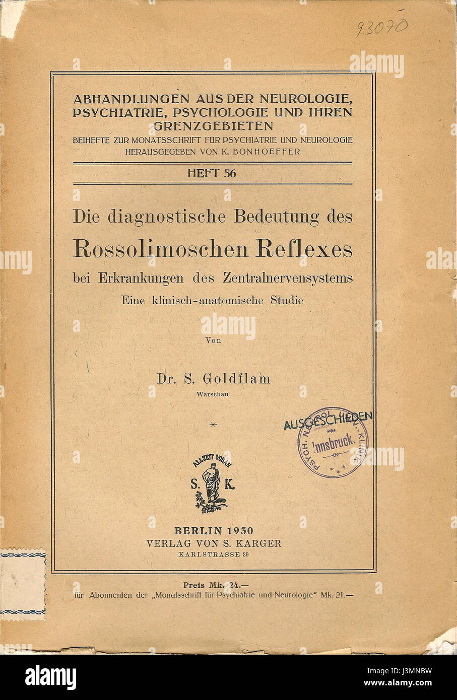 „Die diagnostische Bedeutung des Rossolimoschen Reflexes bei Erkrankungen des Zentralnervensystems“ ist ein medizinischer Text von Goldflam aus dem Jahr 1930, der sich mit der diagnostischen Relevanz von Reflextests bei neurologischen Erkrankungen befasst. Stockfoto