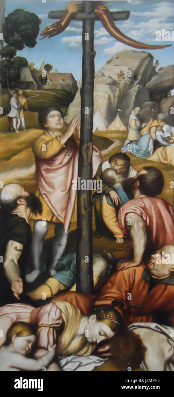 IL serpente di Rame, ein Gemälde von Moretto, zeigt eine komplizierte Darstellung einer Schlange. Der detaillierte Stil des Künstlers spiegelt Techniken und Themen der Renaissance wider. Stockfoto