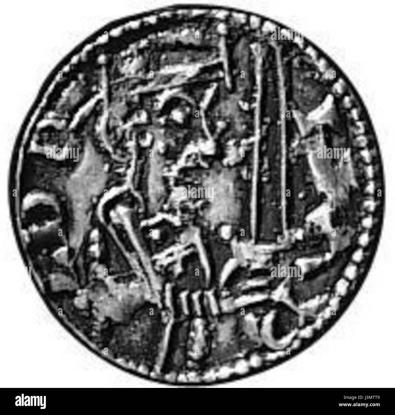 Das Harald 3. Henne Coin ist ein historisches numismatisches Objekt mit König Harald III. Von Norwegen. Es ist ein wichtiges Artefakt für das Verständnis der mittelalterlichen skandinavischen Währung und der Geschichte der Wikingerzeit. Stockfoto