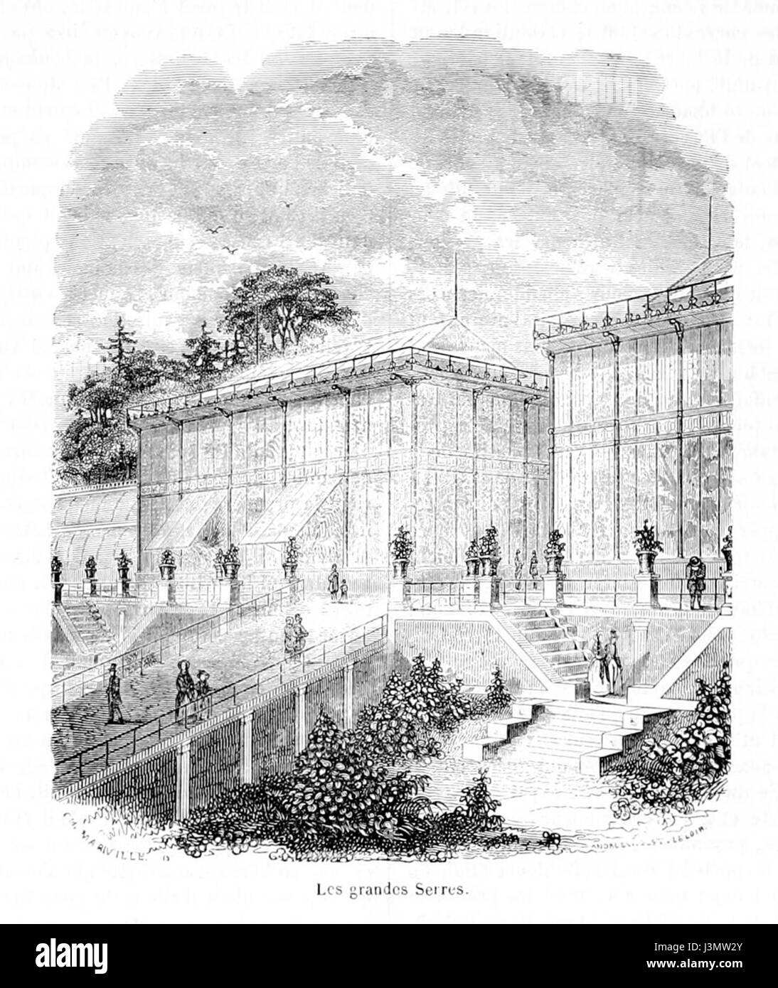 Die Grandes Serres bezieht sich auf große Gewächshäuser, die 1851 entworfen wurden und die Architektur der viktorianischen Epoche und botanische Sammlungen zeigen. Diese Bauten waren für ihre Zeit innovativ, entworfen, um tropische Pflanzen zu beherbergen und als öffentliche Attraktion zu dienen. Stockfoto