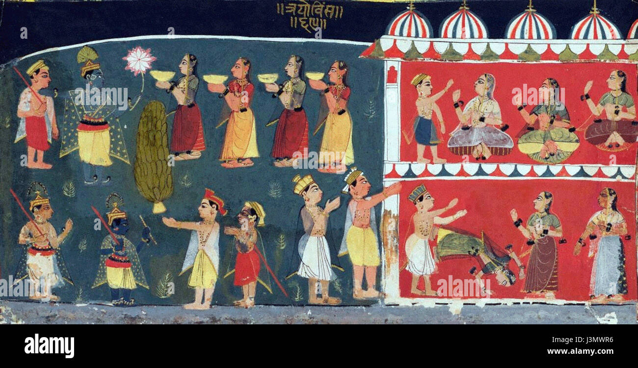 *Gopas und Gopis nähern sich Krishna* stellt eine Szene aus der hinduistischen Mythologie dar, in der die Gopas (Kuhhirten) und Gopis (weibliche Kuhhirten) sich der Gottheit Krishna nähern. Dieser Moment ist voller hingebungsvoller Energie und hebt Themen der Liebe und Ehrfurcht in der hinduistischen Kultur hervor. Stockfoto
