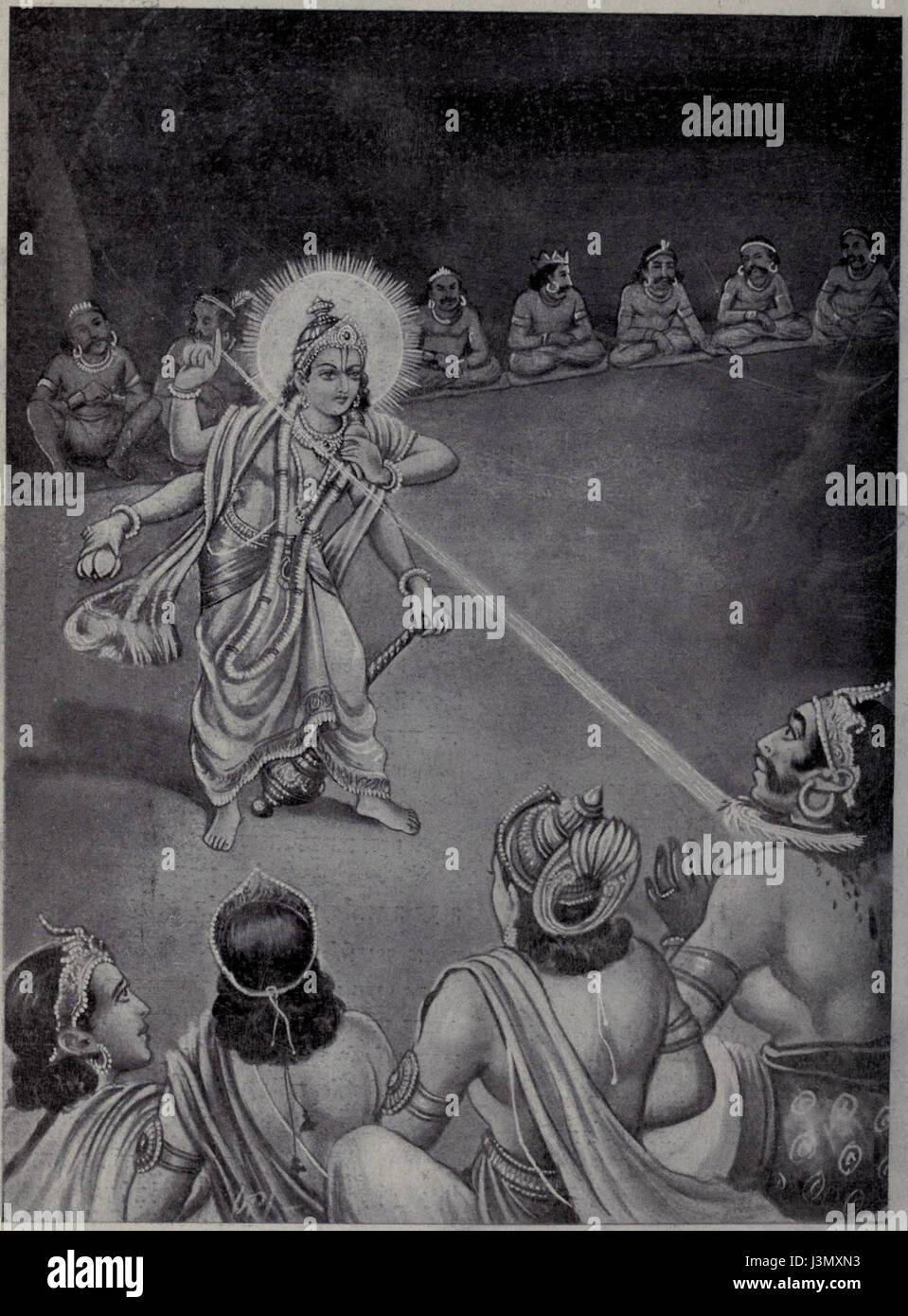 In der hinduistischen Mythologie wird Vishnu, die Schutzgottheit, dargestellt, die dem Dämon Rahu den Kopf abschneidet, indem er seinen göttlichen Diskus, das Sudarshan-Chakra, benutzte. Dieser Moment symbolisiert die Niederlage des Chaos und die Wiederherstellung der kosmischen Ordnung. Stockfoto In der hinduistischen Mythologie wird Vishnu, die Schutzgottheit, dargestellt, die dem Dämon Rahu den Kopf abschneidet, indem er seinen göttlichen Diskus, das Sudarshan-Chakra, benutzte. Dieser Moment symbolisiert die Niederlage des Chaos und die Wiederherstellung der kosmischen Ordnung. Stockfoto